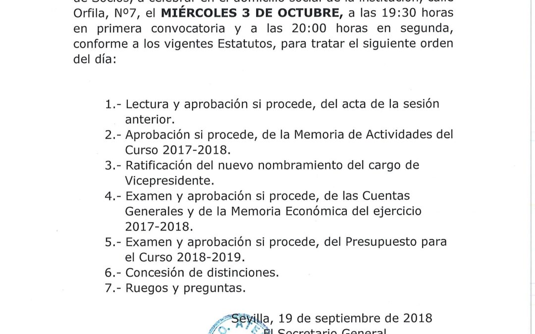 Convocatoria de Asamblea General. Miércoles 3 de octubre 19.30 horas en primera convocatoria. 20.00 horas en segunda