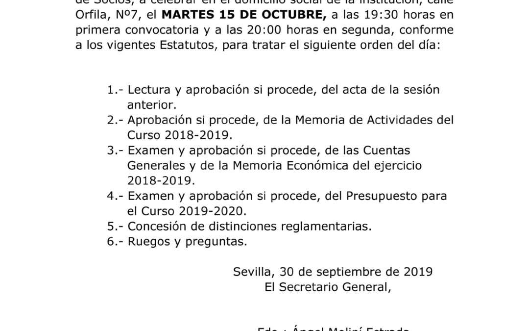Convocatoria de Asamblea General. Martes 15 de octubre a las 19.30 en primera convocatoria y a las 20.00 horas en segunda