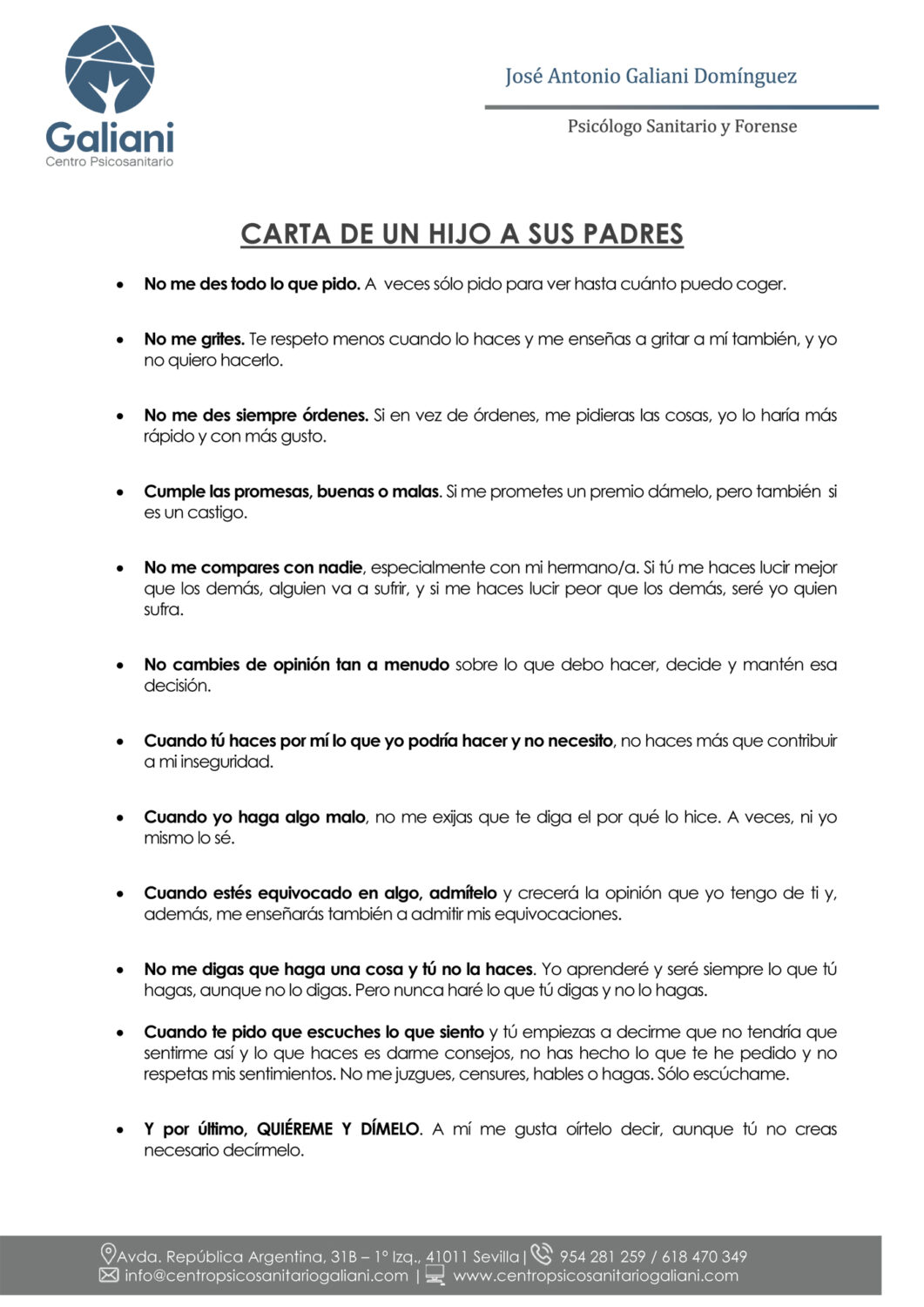 Extracto charla del 05.02.20 en el Ateneo por parte de JAGaliani. Carta de un hijo a sus padres