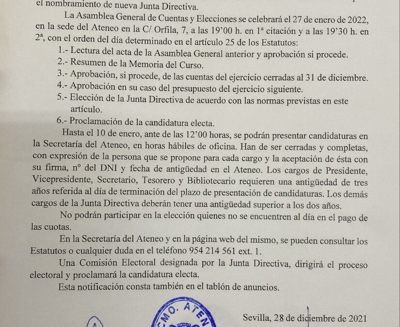 RECORDATORIO: HOY ASAMBLEA GENERAL DE CUENTAS Y ELECCIONES